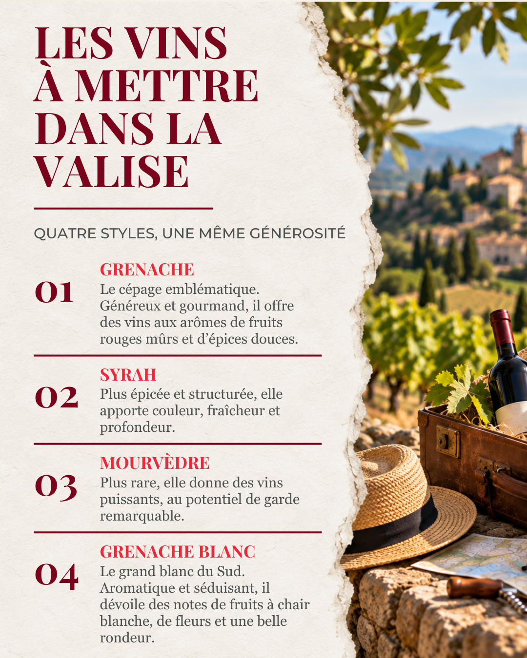 Les vins à mettre dans la valise : les quatre cépages du Rhône méridional